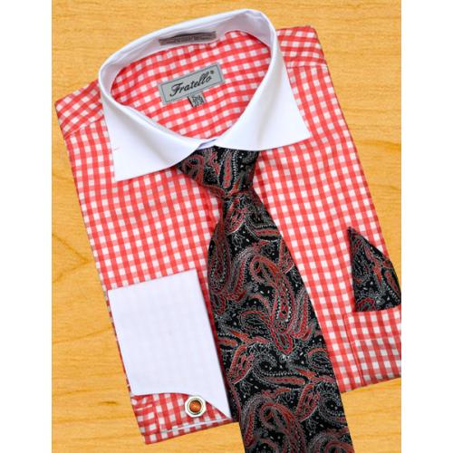 Fratello Red / White Windowpanes With Spread Collar Dress Shirt/Tie/Hanky Set FRV4115P2